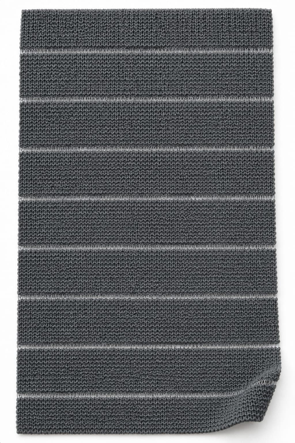 Close-up of charcoal grey elastic knit and nine horizontal mono lining rows