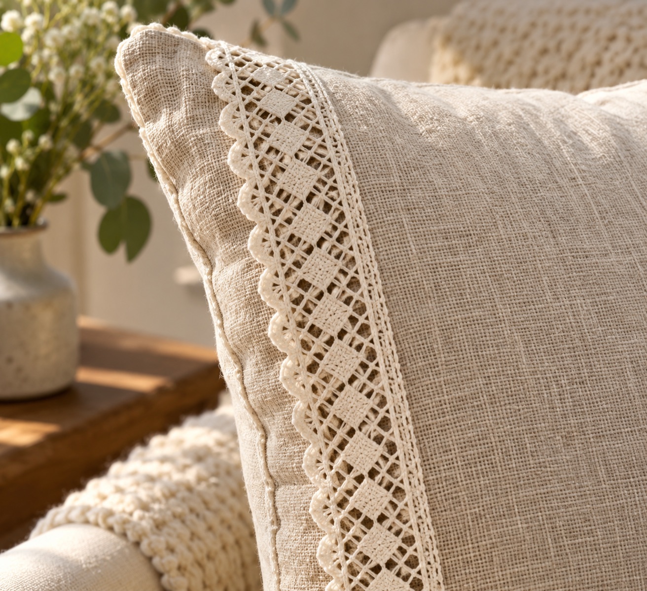 Illustrative home textile finished with geometric lace edging
